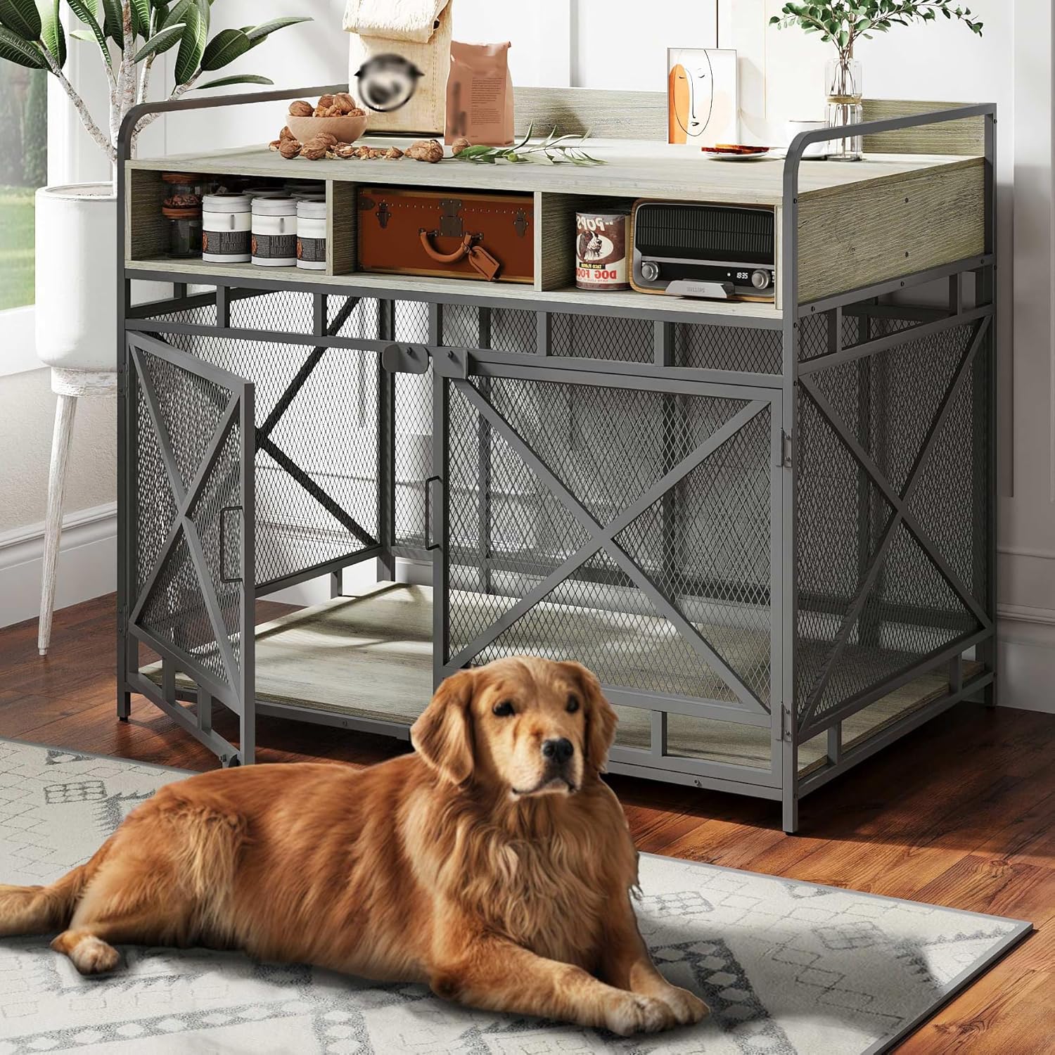Dog Crate Furniture, 43" Heavy Duty Wooden Dog Crate End Table, XL Dog Kennel Furniture Large Breed, Decorative Dog Kennel Indoor with 3 Drawers & Steel Tubes 43" L x28 W x36 H (Grey)