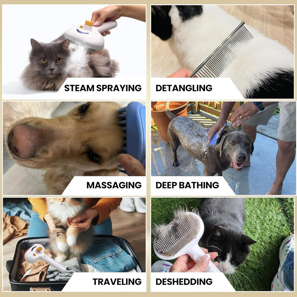 Self Cleaning Steam Brush for Cat Dog, 4 in 1 Pet Brushes for Shedding & Grooming, Bath Massage & Water/Mist Slicker Brush for Long Haired Cats & Dogs- Pet Grooming Brushes with Spray for Cats