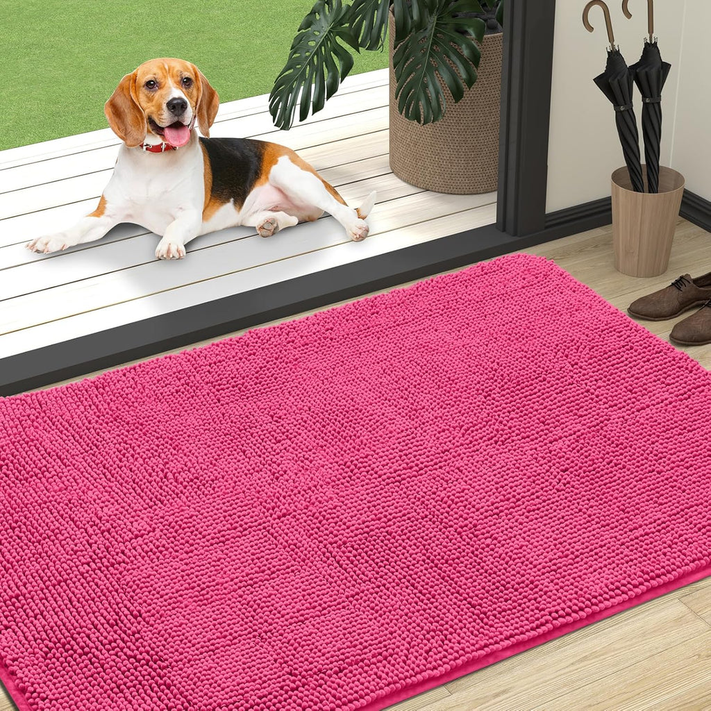 OLANLY Dog Door Mat for Muddy Paws 47x32, Absorbs Moisture and Dirt, Absorbent Non-Slip Washable Doormat, Quick Dry Chenille Mud Mat for Dogs, Entry Indoor Entryway Carpet for Inside Floor, Hot Pink