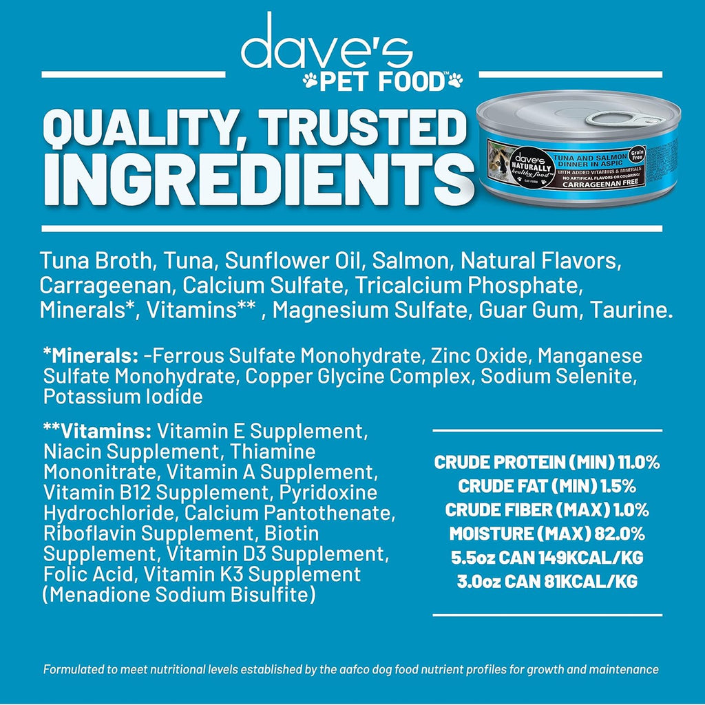 Dave's Pet Food Grain Free Wet Cat Food (Tuna & Salmon in Aspic), Naturally Healthy Canned, Added Vitamins & Minerals, Wheat & Gluten-Free, 3 oz (24 Pack)