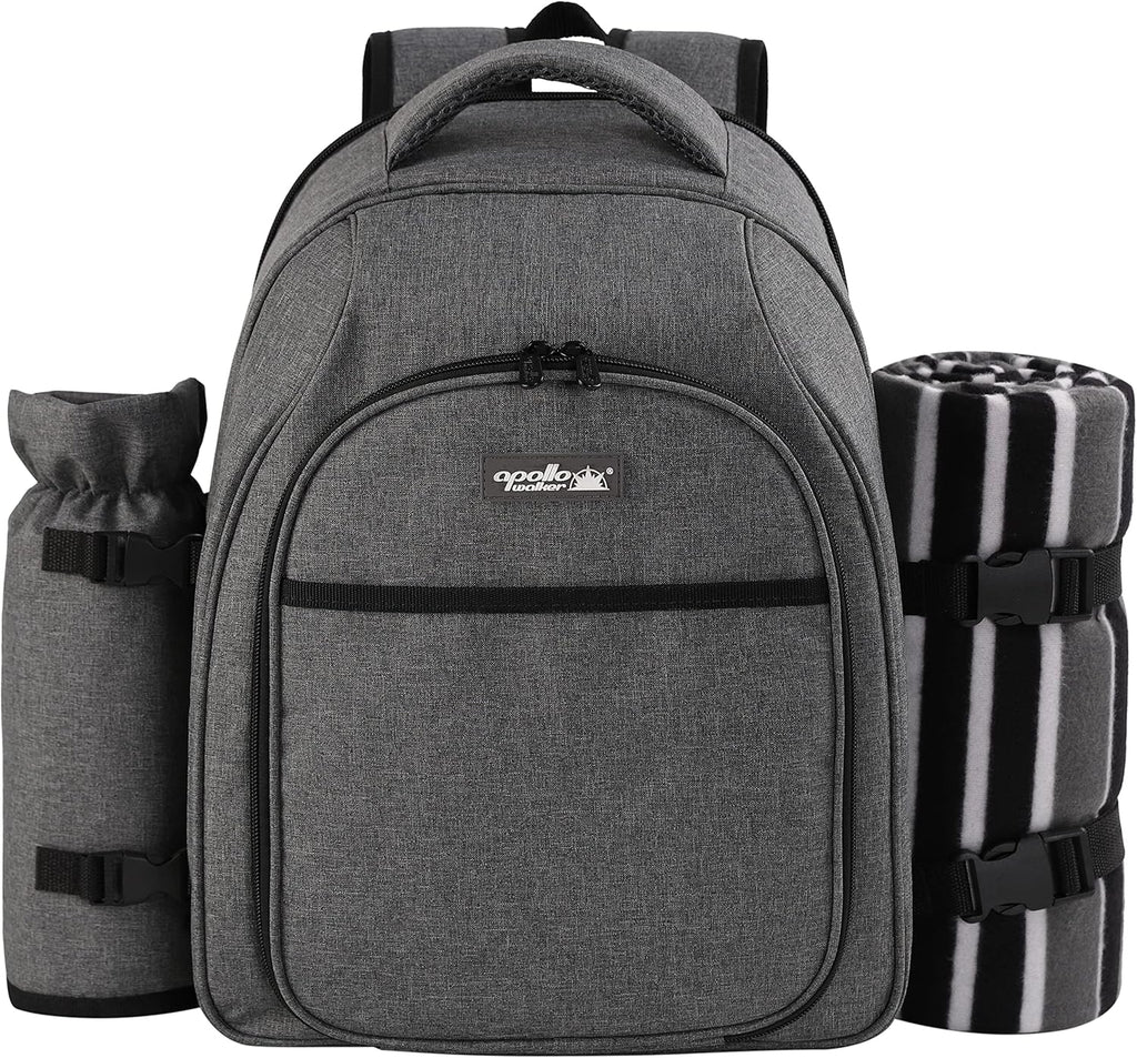 apollo walker Picnic Backpack Bag for 2 Person with Cooler Compartment, Detachable Bottle/Wine Holder, Fleece Blanket, Plates and Cutlery Set (2Person,Grey)