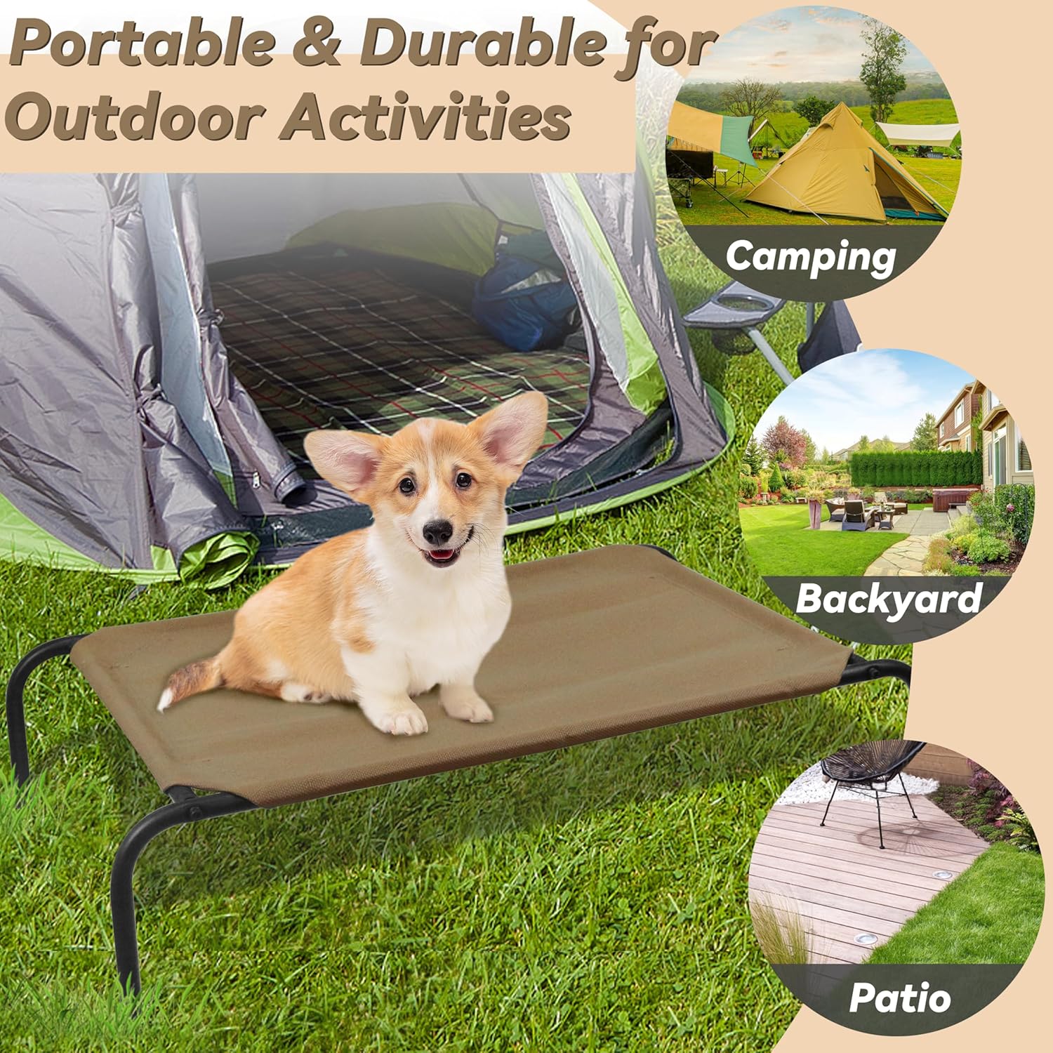PHYEX Raised Pet Cot for Small Pets, Elevated Dog Bed with Breathable Mesh, Sturdy Steel Frame for Indoor & Outdoor Use, Non-Slip Design, Easy Clean, 33-Inch Brown