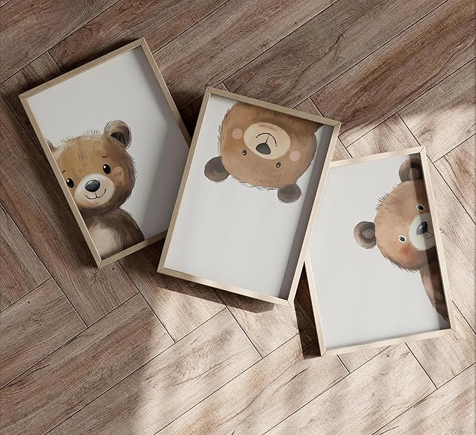 Framed Baby Bear Nursery Wall Art Peeking Bear Pictures Wall Decor Peekaboo Kids Room Decor Woodland Animal Posters Neutral Nursery Painting Canvas Print Artwork for Children's Baby Room Bedroom