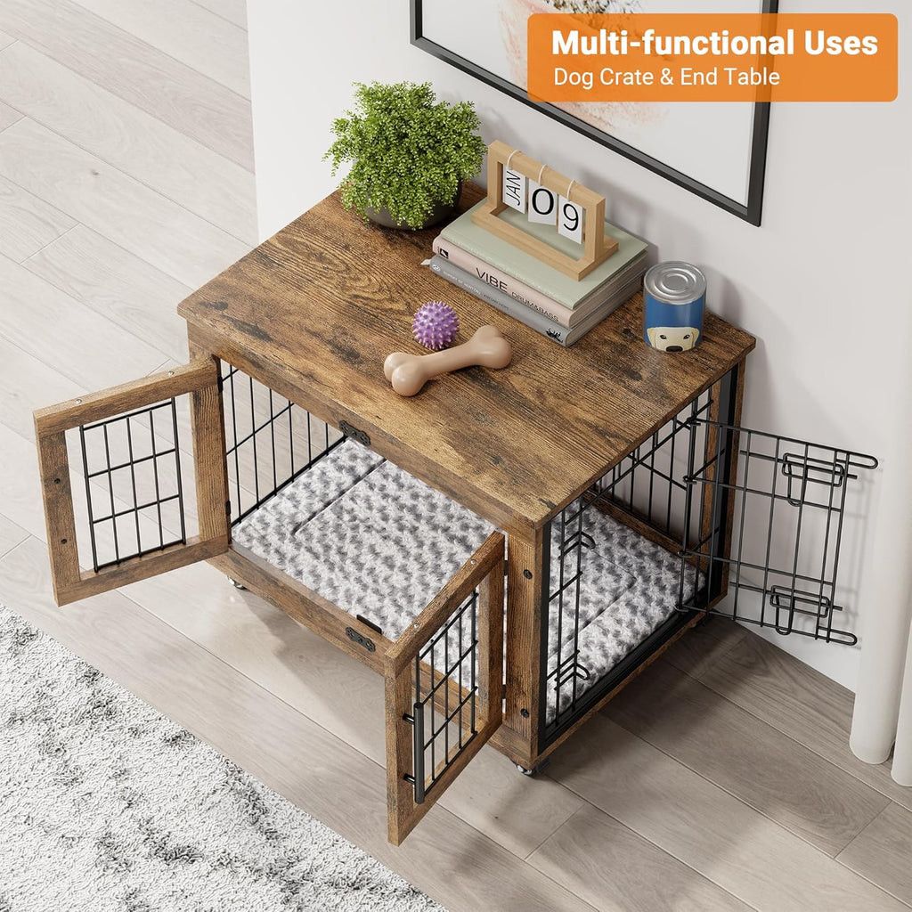Lulive Small Dog Crate Furniture, Dog Kennel Indoor Double Doors Wooden Dog Cage, 27.1'' Heavy Duty Dog Crate with Cushion & Wheels, Decorative End Table Pet House Chew-Resistant for Small Dogs, Brown