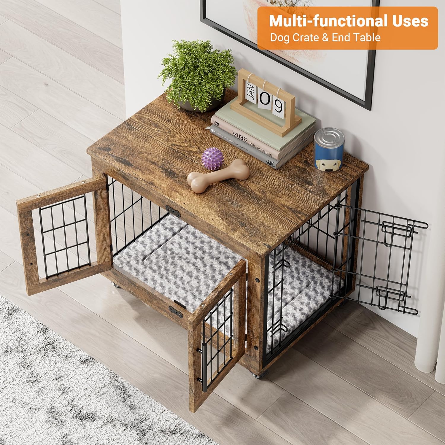 Lulive Small Dog Crate Furniture, Dog Kennel Indoor Double Doors Wooden Dog Cage, 27.1'' Heavy Duty Dog Crate with Cushion & Wheels, Decorative End Table Pet House Chew-Resistant for Small Dogs, Brown