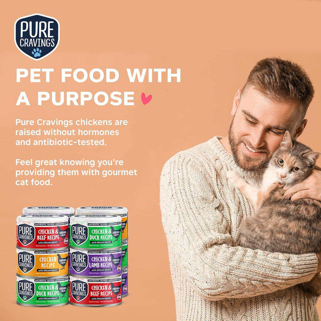 Chicken Recipe in Broth, Shredded Wet Cat Food, Variety Flavor Pack: Chicken, Lamb, Duck, Beef; Grain-Free Protein, Non-GMO