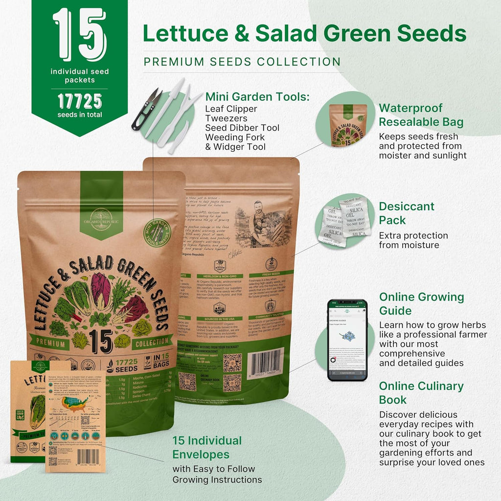 Organo Republic 15 Lettuce & Salad Greens Seeds Variety Pack 17700+ Non-GMO Heirloom Lettuce Seeds for Indoors & Outdoors Garden, Hydroponics, Aerogarden - Arugula, Kale, Spinach, Swiss Chard, Lettuce