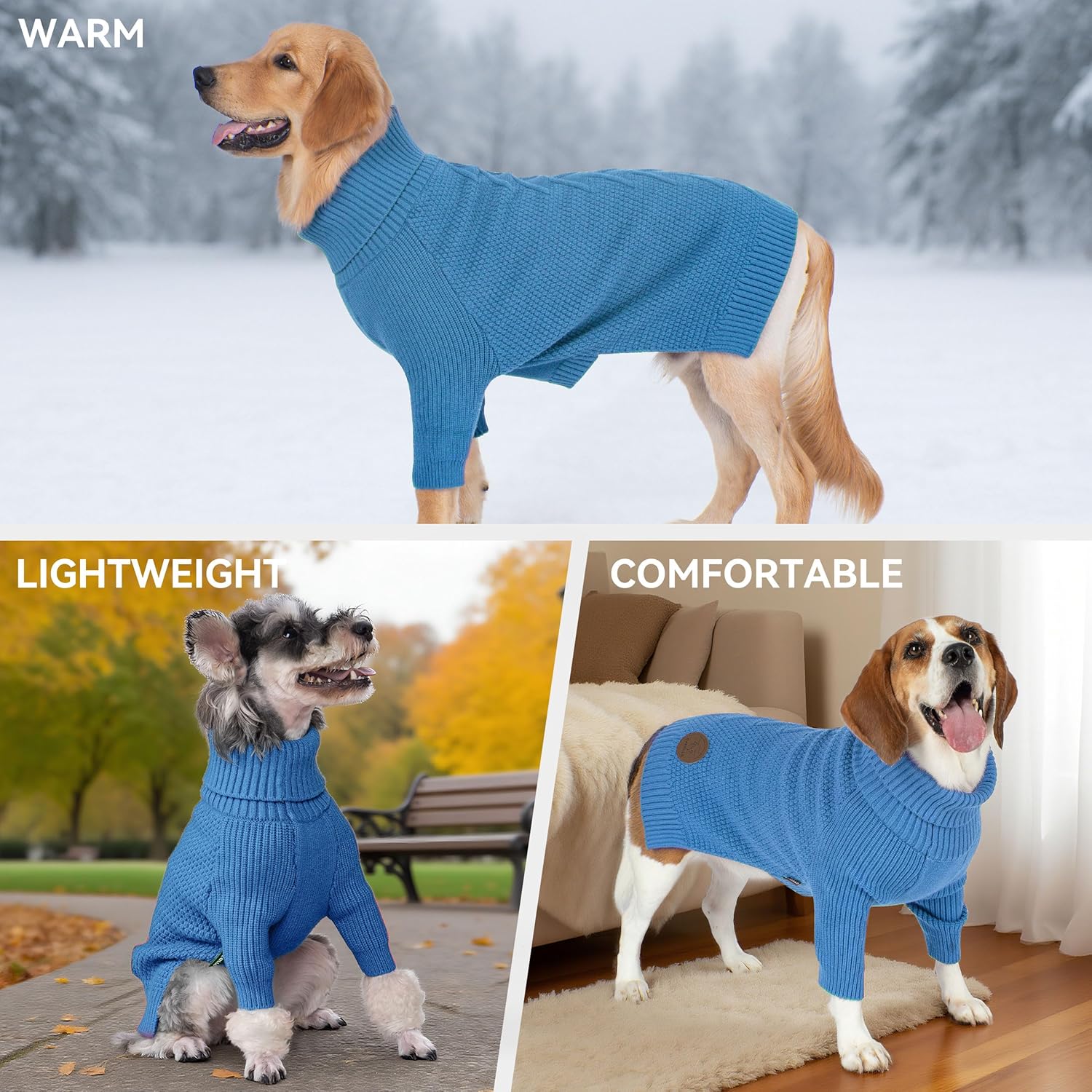 cyeollo 3XL Dog Sweaters for Large Dogs Boy, Stretchable & Cozy Warm Knit Doggy Sweater with Sleeves Turtleneck Fall Winter Cold Weather Big Dog Clothes Like Doberman Labrador, Blue XXXL