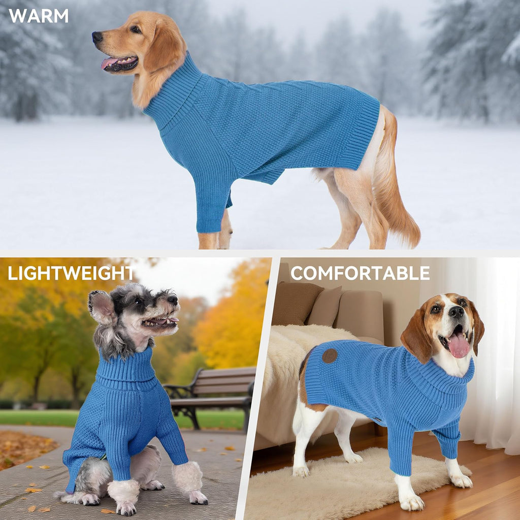 cyeollo 2XL Dog Sweater, Warm Stretchy Sweaters for Large Dogs Boy, Pullover Knitted Thermal Winter Big Dog Clothes with Sleeves, Turtleneck Pet Beagle Border Collie Apparel, Blue XXL