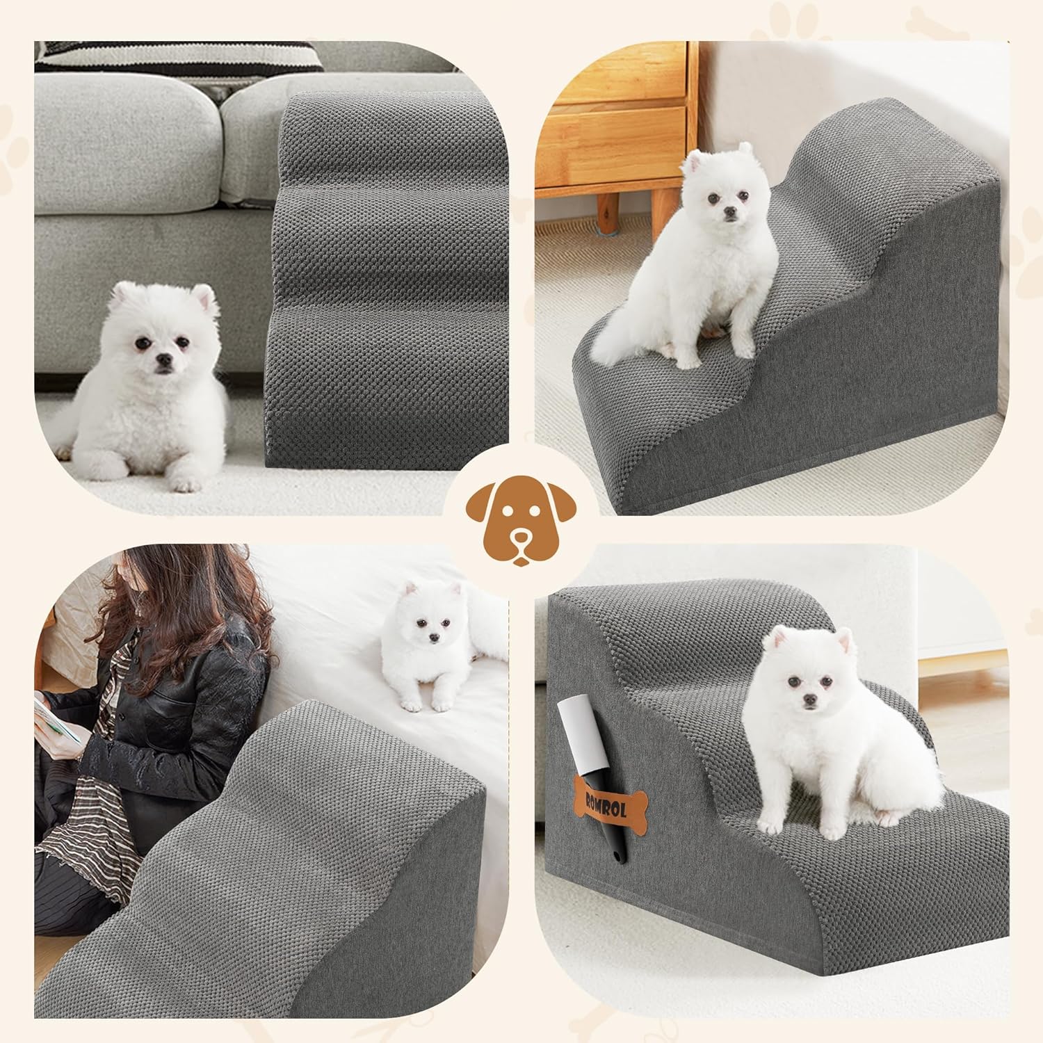 Romrol Dog Stairs Ramp for Beds Couches, Extra Wide Pet Steps with Durable Non-Slip Waterproof Fabric Cover, Dog Slope Stairs for Small Dogs and Cats or Pets Friendly, 3-Tiers, 13 Inch,Grey