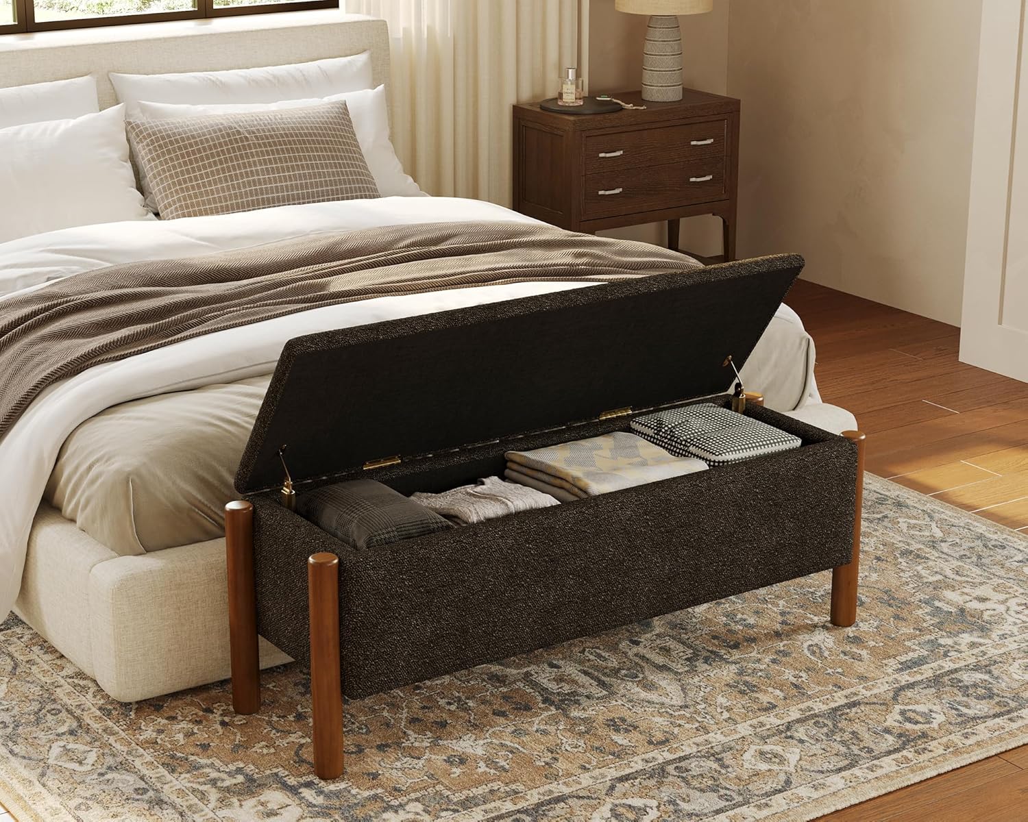 Storage Ottoman Bench, End of Bed Bench for Bedroom, 47" Boucle Upholstered Entryway Shoe Seat Benchs, Holds up to 660 lb Storage Ottoman, Padded Blanket Chest Stool Foot Rest for Living Room Black