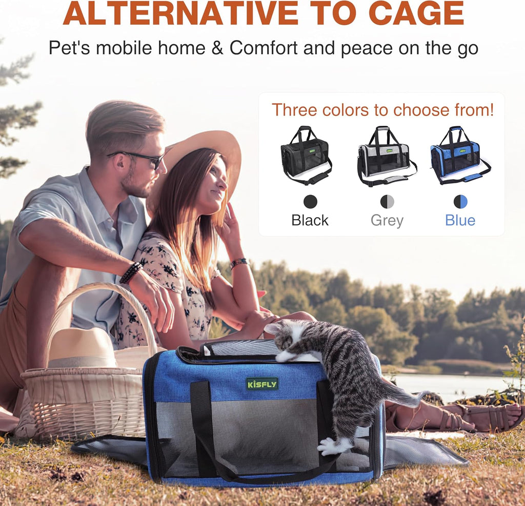 TSA-Approved Under-Seat Airline Pet Carrier – Soft-Sided, Foldable Travel Bag for Cats, Puppies, Rabbits & Hamsters (17"x11"x9.5"), Fits Pets up to 12 lbs, Blue
