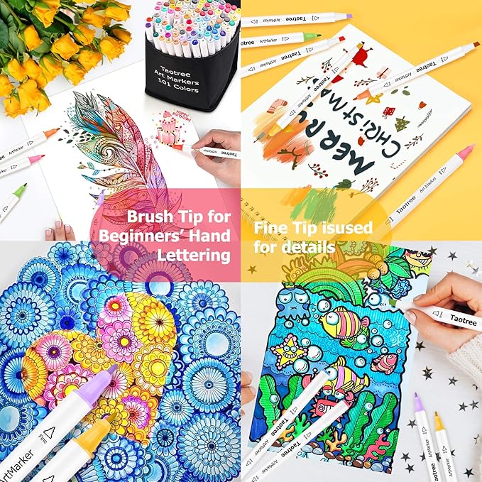 Taotree Alcohol Markers, 101 Colors Artist Markers Pens Set, Dual Tips Chisel & Fine Sketch Art Markers, Art Supplies Kit for Kids Adult Coloring Book, Painting, Drawing, Blending and Sketching