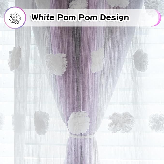 MYSKY HOME Pink Purple Curtains for Girls Bedroom - 54 Inch Long White Pom Pom Sheer Small Double Layer Grommet Room Darkening Nursery Curtains, 52 X 54 in