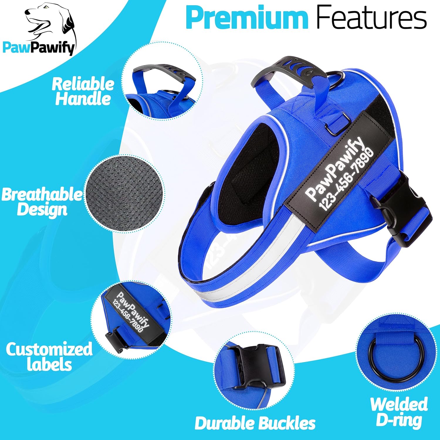 PawPawify Custom No Pull Dog Harness with Name and Phone Number, Heavy Duty Personalized Pet Vest to Prevent Tugging, Pulling, or Choking, Training and Walking (New Blue, XL (60-85 LBS))