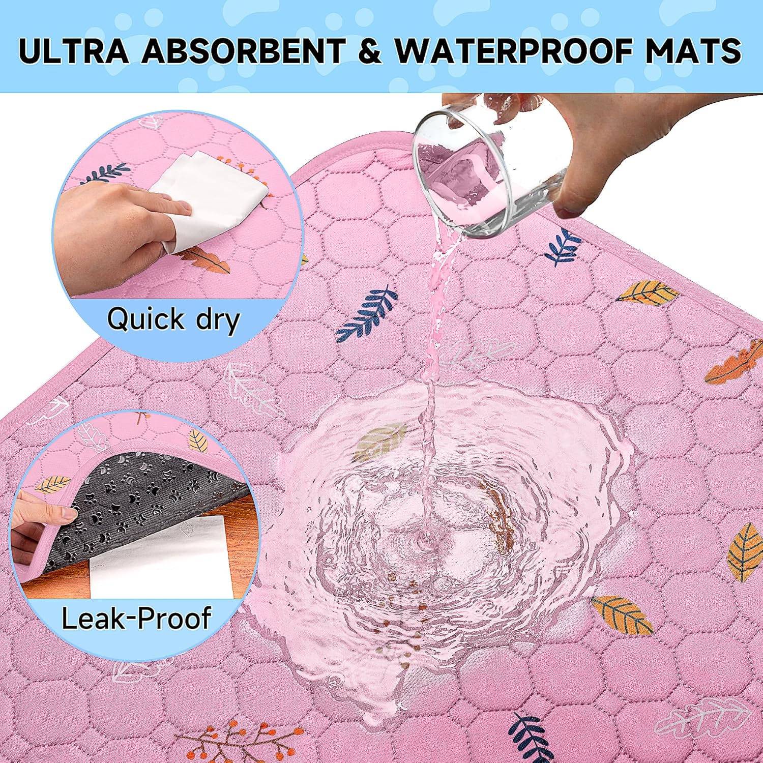 Sunheir Washable Pee Pads for Dogs 2-Pack Reusable Puppy Pads Pet Training Pads, Waterproof Dog Pee Pads for Crate, Whelping Pad, Non-Slip Protects Against Urine Leakage (Leaves - Pink, 24x36)