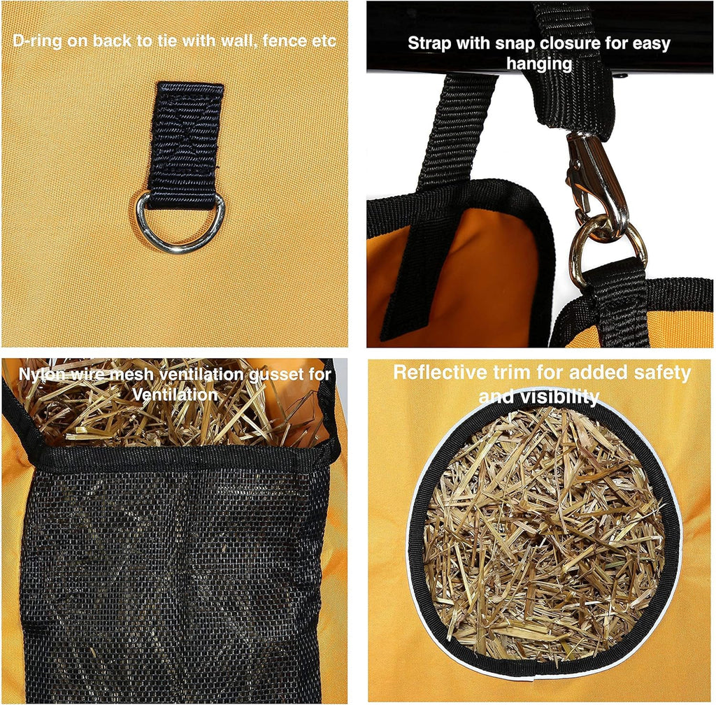 Majestic Ally 1200 D Hay Feeder Tote Bag for Horses, Sheep with Reflective Trim- Reduces Waste - Comes with 36” Hay Net (Orange)
