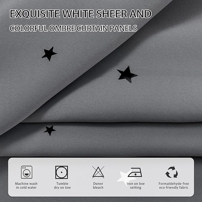XiDi Star Curtains - Unicorn Kids Room & Bedroom Blackout Curtains, 63x52in, 2 Panel Sets, Grey