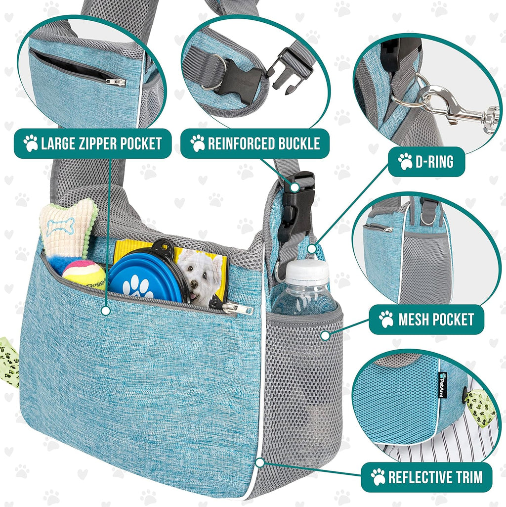 PetAmi Small Dog Sling Carrier, Soft-Sided Crossbody Puppy Carrying Purse Bag, Adjustable Sling Pet Pouch to Wear Medium Dog Cat Travel, Dog Bag for Traveling, Poop Bag Dispenser, Max 10 lbs, Blue