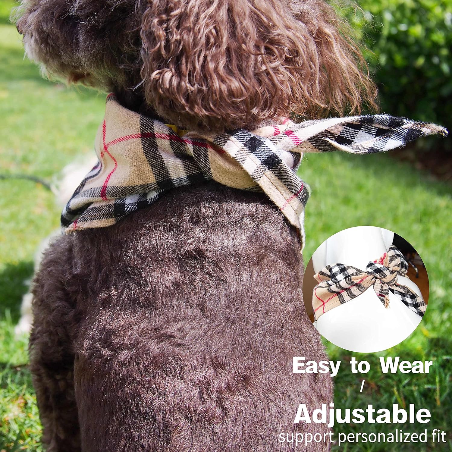 Adjustable Plaid Dog Bandanas,1PC Soft Washable Cotton Triangle Bib Kerchief Scarfs for Small Medium Large Dogs and Cats (Light Khaki, Small)