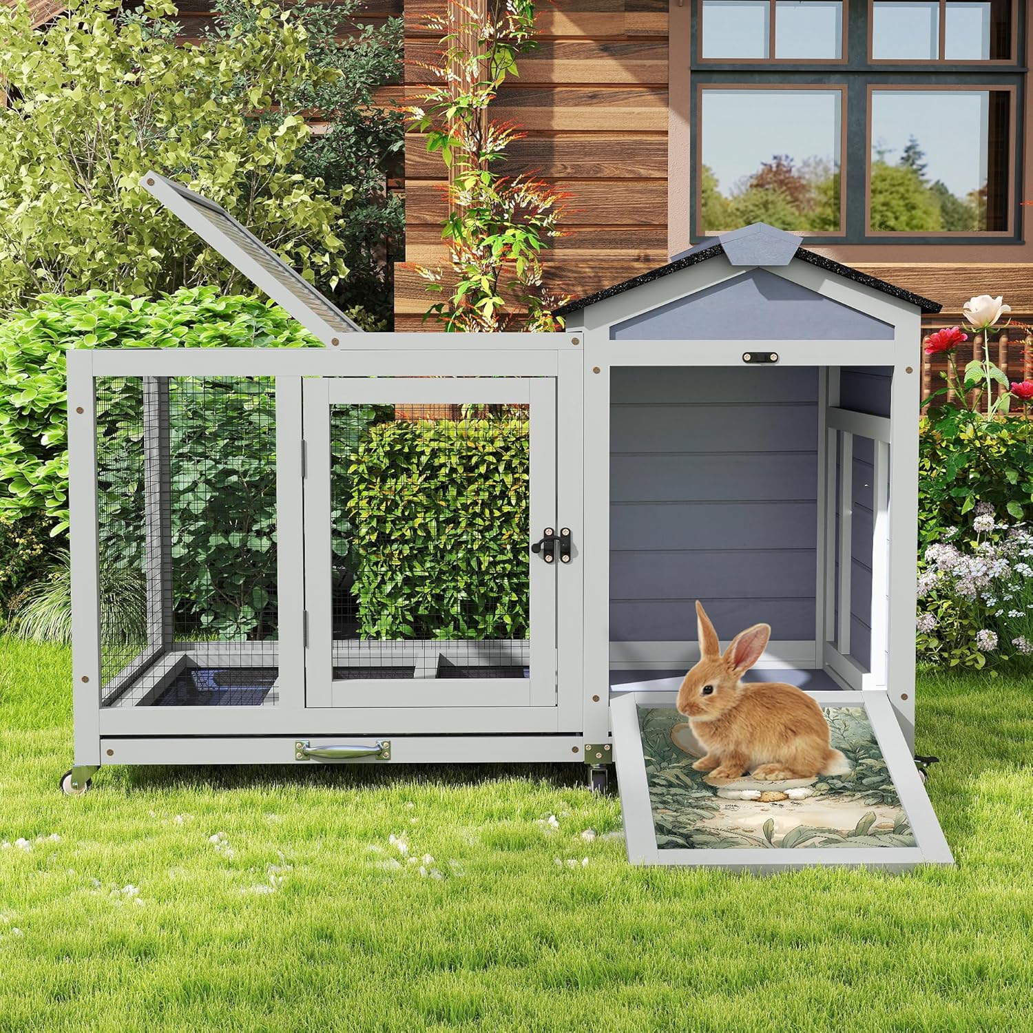 COZIWOW 39inches Assembled Wood Rabbit Hutch Indoor，Wide Space Small Animal Houses with Removable Tray&Safety Lock，Bunny Cage with Waterproof Roof&Solar Panels (Grey with Pattern)