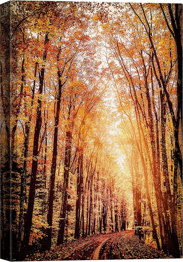 SIGNWIN Canvas Print Wall Art Rustic Trail Red Autumn Forest Nature Wilderness Photography Modern Art Farmhouse/Country Landscape Colorful Multicolor Ultra for Living Room, Bedroom, Office - 12x18