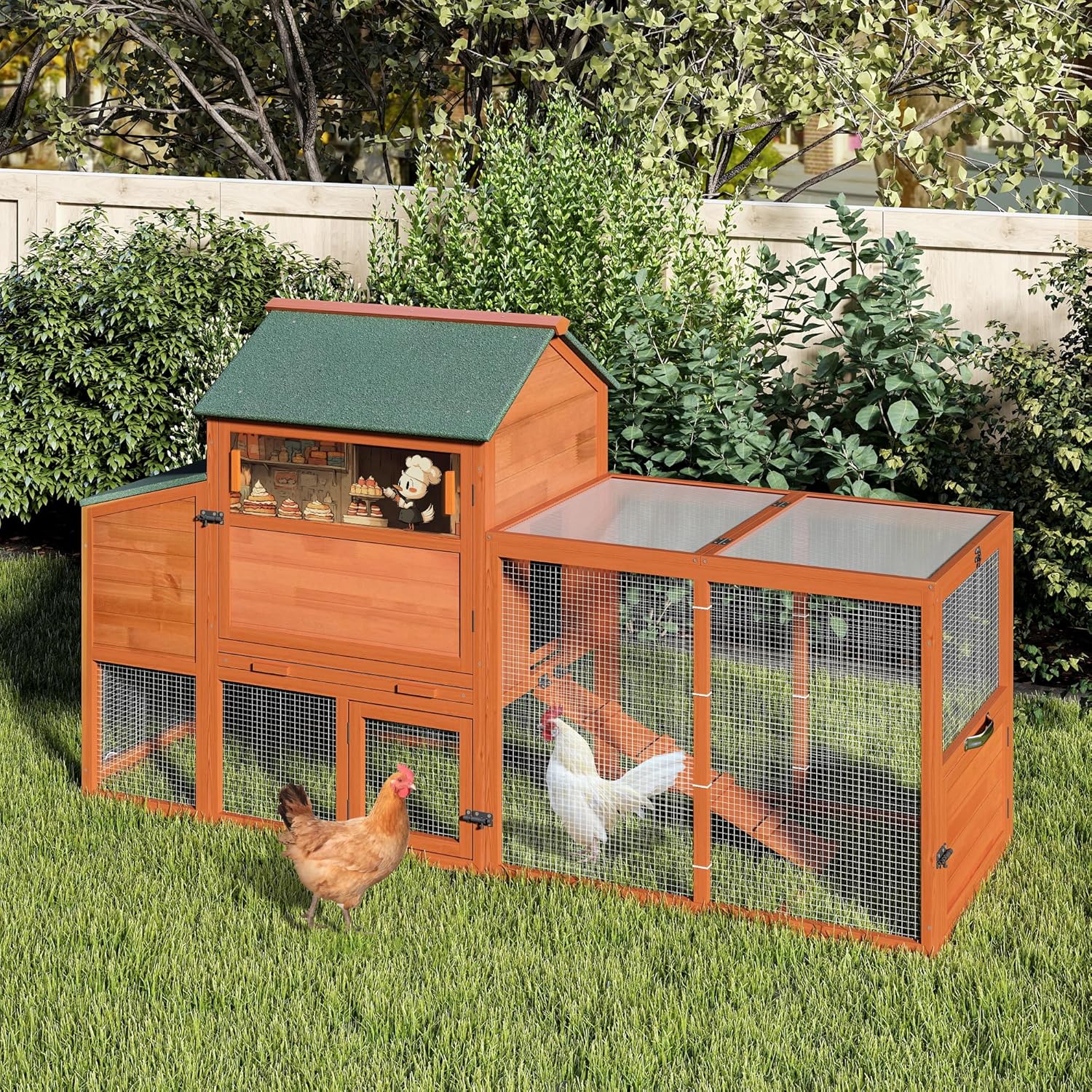 COZIWOW 82" Large Wooden Chicken Coop, Outdoor Rabbit Hutch with Wheels, Sunshine Board, Asphalt Roof, Ramp, Openable Top, Door, Window, Pull-Out Tray, Indoor Bunny Cage (Orange with Pattern)