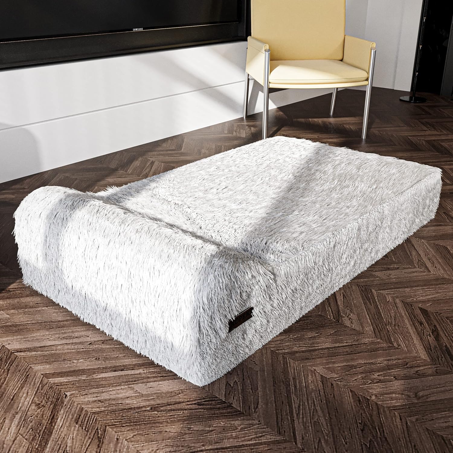 KOPEKS Orthopedic Memory Foam Dog Bed 7" Inch Thick Extra Large Dog Bed with Pillow Fluffy Grey 50"x34"x10" Includes Waterproof Liner & Durable Removable Cover with Smart Design