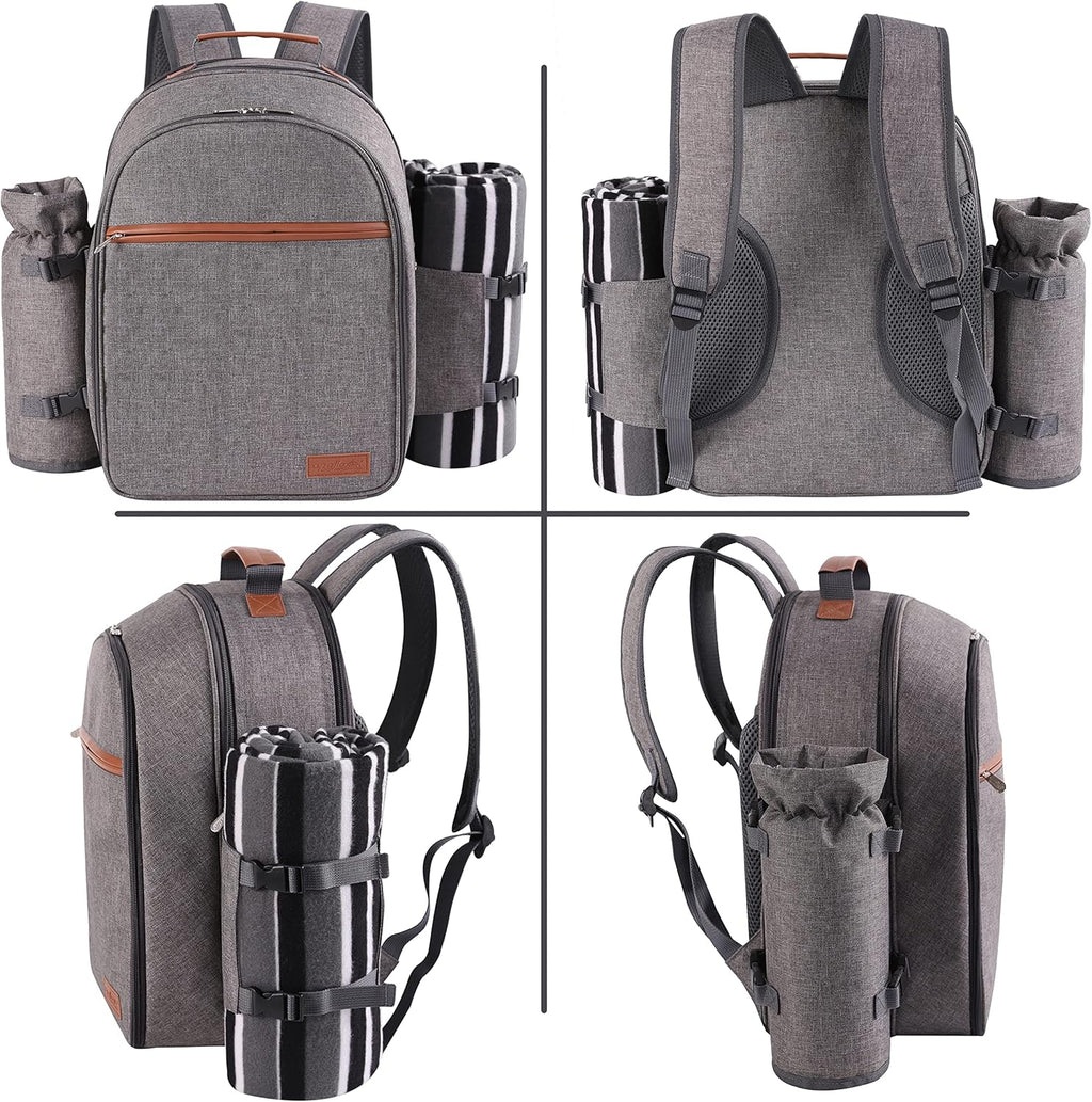 Apollo Walker Picnic Backpack Set for 2 Person with Cooler Compartment, Detachable Bottle/Wine Holder, Fleece Blanket, Plates and Cutlery Set