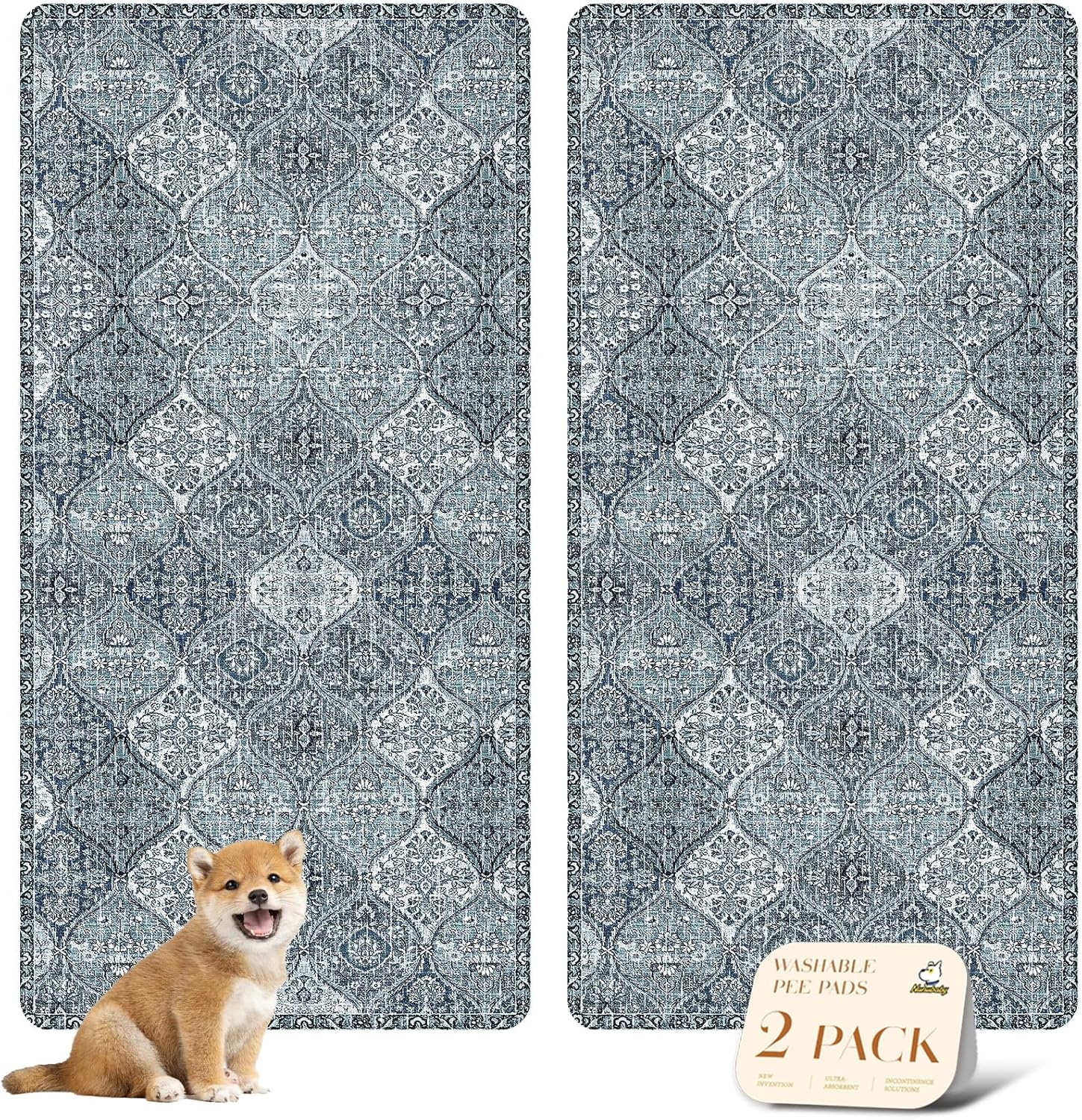nunubaby Washable Pee Pads for Dogs, Stylish, Non-Slip and Leak-Proof Pee Pads. Reusable Potty Pads for Dogs for Crates and Floors.(Blue/Multi, 36" x72" )